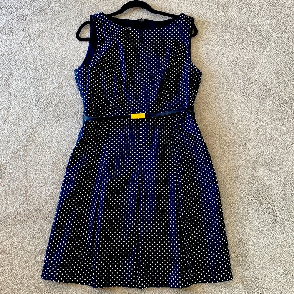 Jones New York fit and flare navy polka dot cotton dress size 14